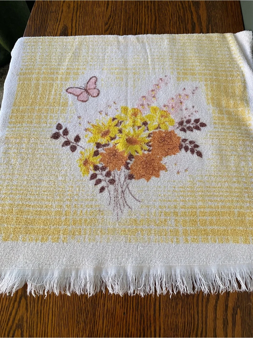 Vintage Mid Century MCM Yellow Orange Floral Butterfly Bathroom Towel